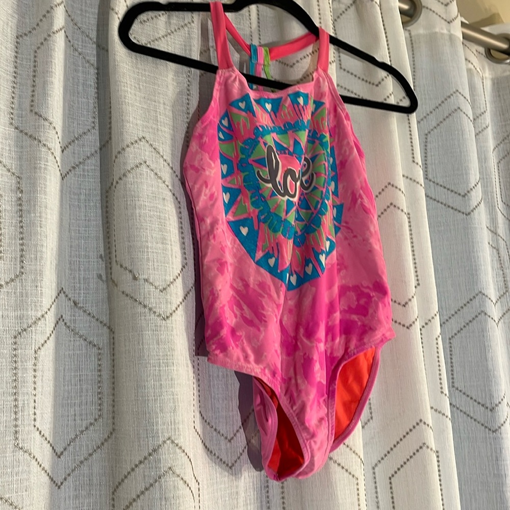 Girl’s L 1pc Bathing Suit Pink/Blue Racer Back Design Straps In Back
